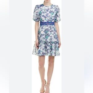 Donna Morgan Floral Blue White Green Dress short sleeve women’s size 10